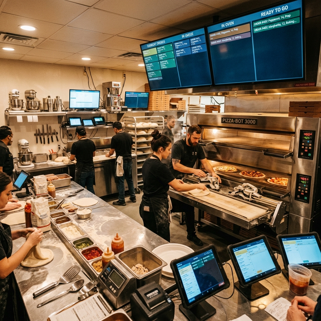 Cozinha moderna de pizzaria utilizando automação e cardápios digitais para otimizar pedidos e reduzir custos